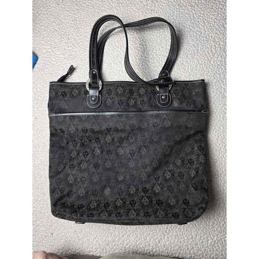Anne Klein New York Black Gray Lion Logo Jacquard Tote Shoulder Bag Purse 18"